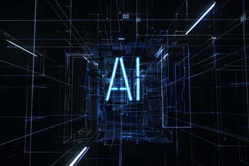 Wall Mural - 3D AI logo with neon blue lines and a high-tech grid background