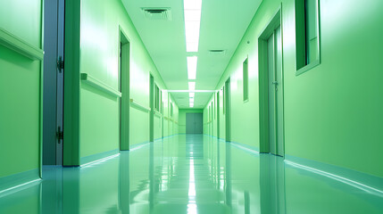 Poster - Interior of illuminated passage with green walls in modern hospital : Generative AI