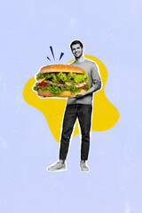 Sticker - Vertical collage poster young smiling man burger sandwich meal lettuce buns calories food unhealthy nutrition delicious yummy lunch