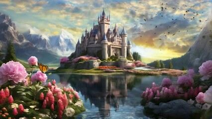 Sticker - Fantasy castle with mountain, lake, and flowers garden at sunset, Seamless looping 4k time-lapse virtual video animation background.