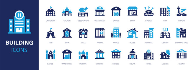 Building flat icons set. Bank, shop, office, school, hotel, church, public building icons and more signs.