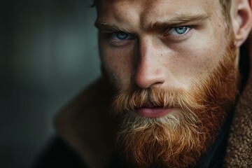 Canvas Print - Close-up of a contemplative bearded man with piercing blue eyes and a pensive expression