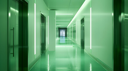Poster - Interior of illuminated passage with green walls in modern hospital : Generative AI