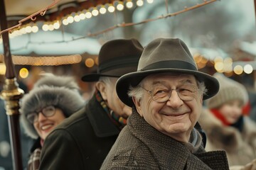 Wall Mural - Portrait of an elderly man on the background of the Christmas market.