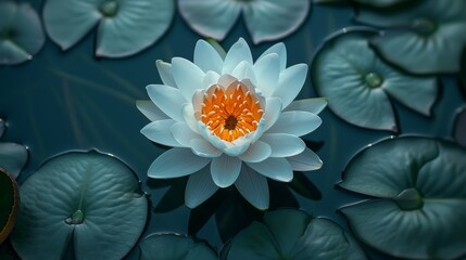 View from the top of an impressive white water lily or lotus flower in a pond.