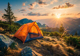 Fototapeta  - tent at mountain at sunset , camping , nature lover concept