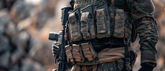 A soldier in full combat gear is standing in a war zone. He is wearing a helmet, body armor, and a utility belt. He is carrying a rifle and a pistol. The soldier is looking at the camera with a determ