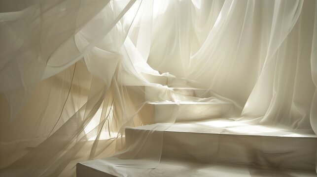 white linen fabric draped over a white staircase.