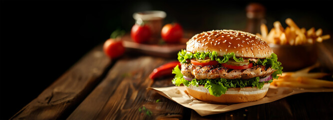 Wall Mural - Burger topped with fresh lettuce and tomato on a rustic wooden table, AI-generated.