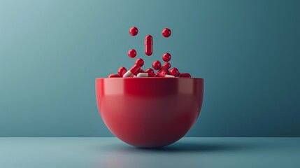 Red bowl with red and pink pills balls on blue background.