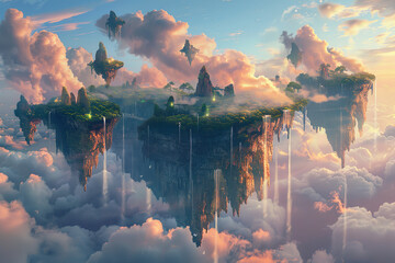 Wall Mural - Fantasy Skyline with Floating Islands and Cascading Waterfalls  