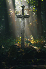 Canvas Print - Enchanted Sword in Stone Amidst Forest Clearing Under Ethereal Light  