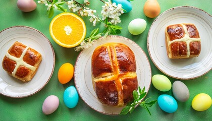 Wall Mural - traditional easter dinner or brunch with ham colored eggs hot cross buns cake and vegetables easter meal dishes with holday decorations top view copy space