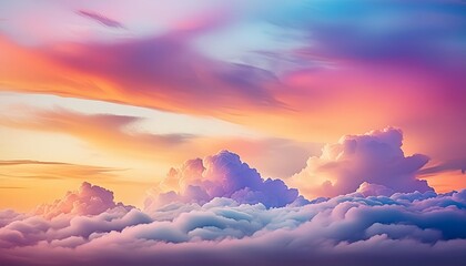 colorful watercolor background of abstract sunset sky with puffy clouds in bright rainbow colors of blue purple yellow and soft white center blur