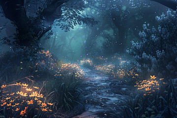 Canvas Print - Dark Enchanted Forest Path with Luminous Flowers and Mist  