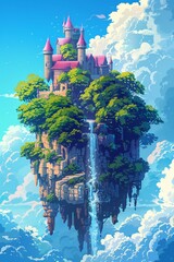 Castle in the blue bright sky with waterfall and lush tree flat design side view dreamworld theme cartoon drawing Analogous Color Scheme