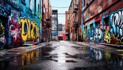 Naklejka na meble Beautiful street art of graffiti. Abstract color creative drawing fashion on walls of city. Urban contemporary culture. Title paint on walls.