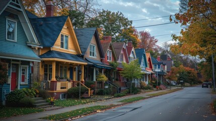 Canvas Print - street with a row of colorful houses with beautiful trees and a blue sky.