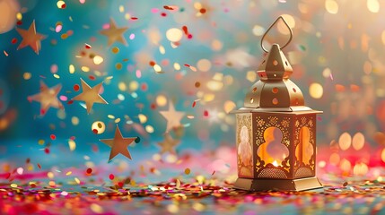 Golden ornamental Moroccan lantern and star shaped confetti isolated on colorful background