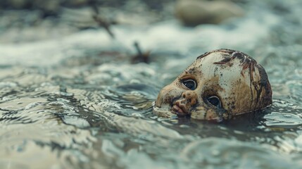 A filthy decapitated doll s head drifts in the water