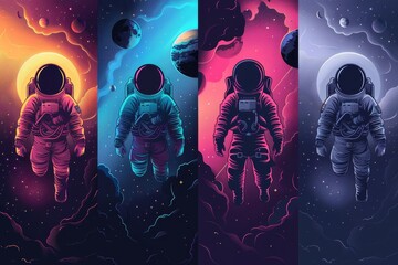 Designs for posters with the and an astronaut floating in space, in a vector illustration style using simple shapes and a flat design with pastel colours background