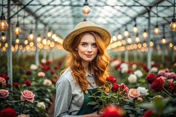 Portrait of a beautiful woman gardener with red hair in a straw hat working with roses in a glass greenhouse.