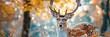 © AH - A deer with large antlers stands in a forest with yellowing trees and white and orange bokeh.