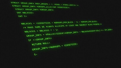 Hacking with lines of code, Green lines of code moving from bottom to top, Angled lines of code appearing on screen