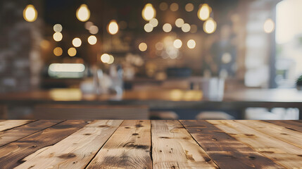 Wall Mural - Empty wood table with blur interior coffee shop restaurant or cafe for background : Generative AI