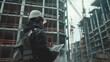 © nattapon98 - Construction worker wearing hardhat and safety vest using digital tablet to monitor progress at building site
