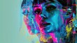Futuristic abstract portrait of smart woman looking at camera with digital glitch with vibrant neon light. Young beautiful female staring at camera represent digital robotic simulated human. AIG42.