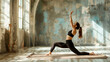 © Helen-HD - A woman is performing yoga poses in a room devoid of furniture or people. She is alone, focusing on her body movements and breathing