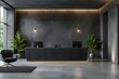Modern dark themed lobby with subtle lighting, sleek furniture, and vibrant green plants