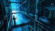 © Noman - A high-tech data center with rows of black and blue server cabinets is depicted, featuring digital lines flowing through the scene as an IT worker stands in holding a laptop to monitor activity