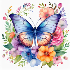 Wall Mural - Watercolor illustration of butterfly surrounded by flowers. Floral composition. Beautiful artwork