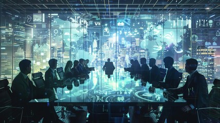 The image shows a group of people sitting around a table having a meeting. They are looking at a screen with a lot of data on it. The image is about technology and the future.