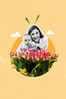 Vertical photo collage of happy girl mommy hold newborn baby spring season flower present woman day holiday isolated on painted background