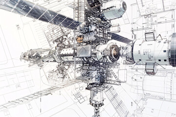 Detailed sketch of space station on technical blueprint background
