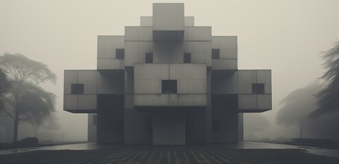 Wall Mural - Urban Enigma: Cube Block Building Shrouded in Mist Against a Gray Sky