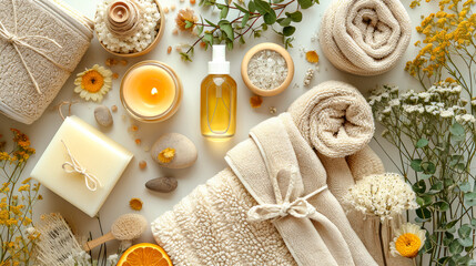 Luxurious Towels and Robes: Arrange plush and neatly folded towels and robes, showcasing the comfort and quality associated with spa experiences