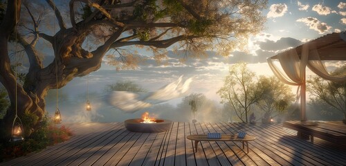 Wall Mural - The deck on a windy day, the tree branches swaying, the fire table securely covered, and the solar lanterns moving in the wind, creating a dynamic dance of light and shadow across the wood. 