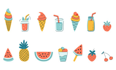 Wall Mural - A collection of cartoon images of fruit, ice cream, drinks