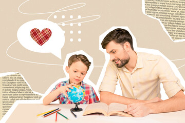 Wall Mural - Creative photo image collage young father sit table son explore planet globe love relationship literature page book student pupil learner