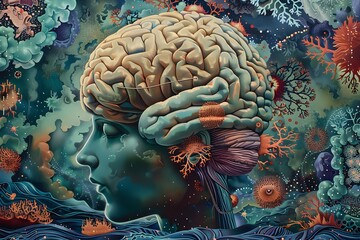 Wall Mural - A woman's face is shown with a brain and a bunch of other things. The image has a surreal and dreamlike quality to it
