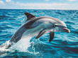 a Dolphin jumping out of the water, 3/4 view in an Aquatic nature-themed, high-detailed photographic illustration in JPG. Generative ai