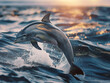 a Dolphin jumping out of the water at sunrise, 3/4 view in an Aquatic nature-themed, high-detailed photographic illustration in JPG. Generative ai