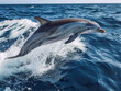 a Dolphin jumping out of the water, 3/4 view in an Aquatic nature-themed, high-detailed photographic illustration in JPG. Generative ai