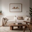A mockup of an empty blank wooden frame on the wall in cozy living room, wooden coffee table and sofa with beige fabric cover, wooden floorboard