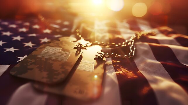 American flag and military dog tags close up. Selective focus.