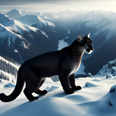 Wall Mural - black puma in the snow